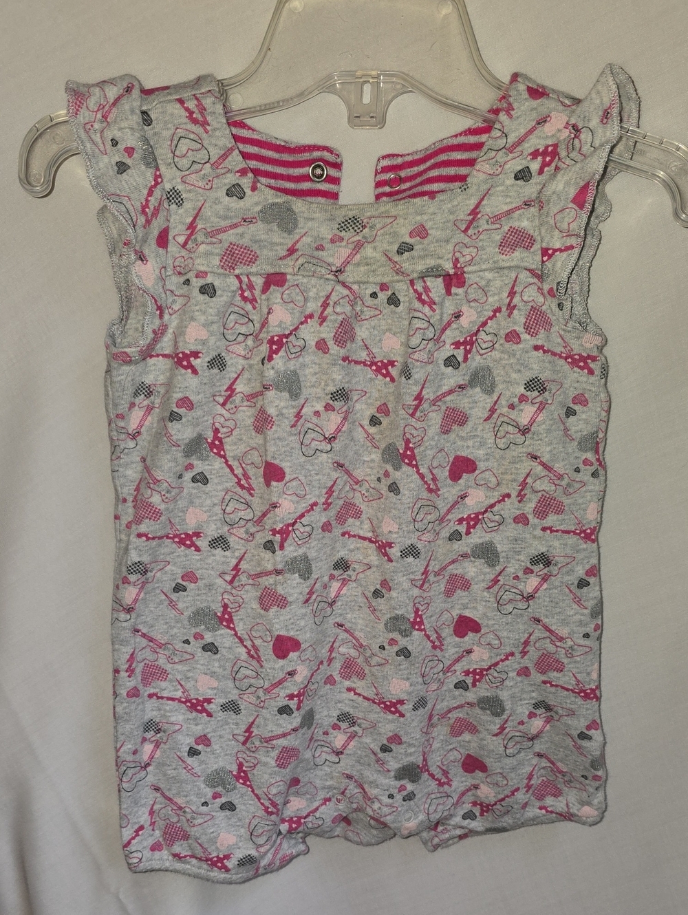 Old Navy Gray & Pink Guitar Heart Print Ruffle Tank Bodysuit